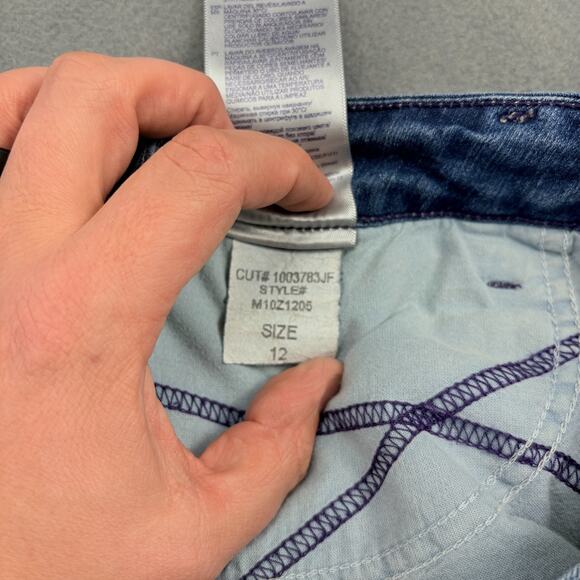 NYDJ Farrah Flare Jeans Womens 12 Blue Denim Stretch Lift Tuck Distressed Rock - Picture 6 of 11